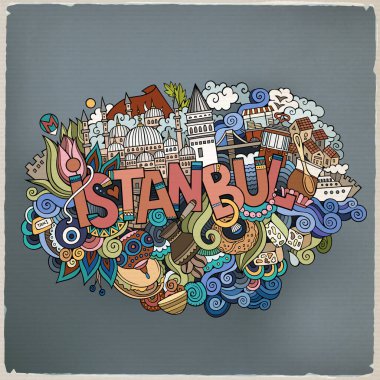 Istanbul city hand lettering and doodles elements and symbols background. Vector hand drawn illustration clipart