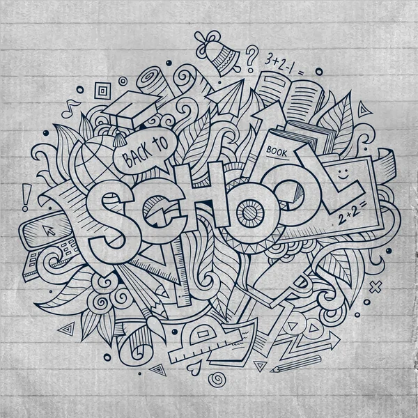 Scuola Mano Lettering Scarabocchi Elementi Simboli Sfondo Illustrazione Schizzinosa Disegnata — Vettoriale Stock