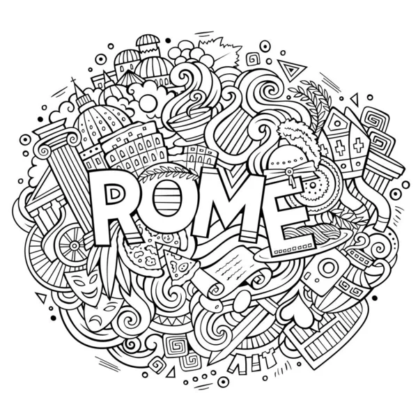 Tecknad Söt Klotter Handritade Rom Inskription Sketchig Illustration Med Italienska — Stock vektor