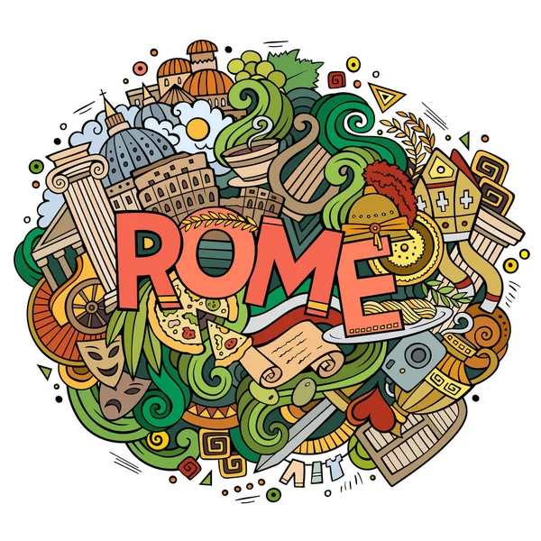 Cartone Animato Carino Scarabocchi Disegnato Mano Iscrizione Roma Illustrazione Colorata — Vettoriale Stock