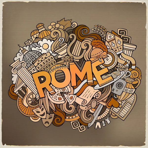 만화처럼 귀여운 낙서가 로마의 글귀를 그렸습니다 이탈리아의 아이템을 화려하게 것이죠 — 스톡 벡터