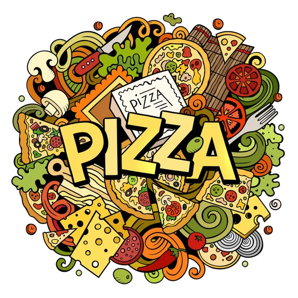 Cartoon Schattige Doodles Pizza Woord Kleurrijke Illustratie Achtergrond Met Veel — Stockvector