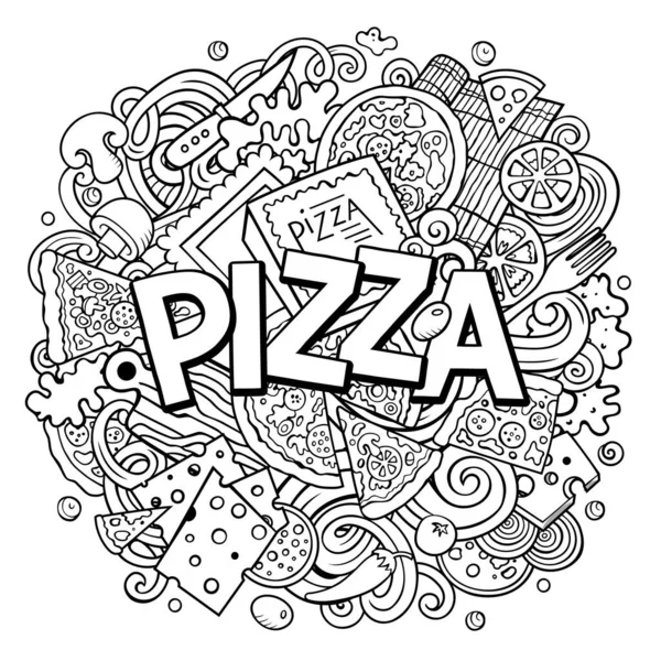 Мультфільм Милий Каракулі Піца Слово Лінійна Художня Ілюстрація Фон Великою — стоковий вектор