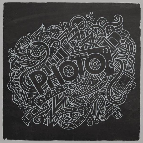 Cartoon Cute Doodles Hand Drawn Photo Inscription Chalkboard Illustration Photography — Stock Vector