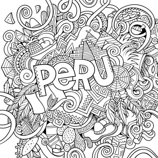 Peru País Mão Lettering Doodles Elementos Símbolos Fundo Vector Mão —  Vetores de Stock
