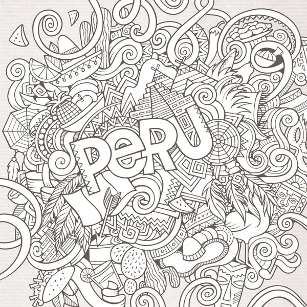 Peru País Mão Lettering Doodles Elementos Símbolos Fundo Vector Mão — Vetor de Stock