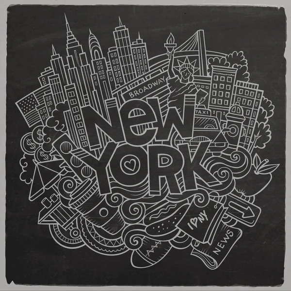 Cartoon Cute Doodles Hand Drawn New York Inscription Chalkboard Illustration — Stock Vector