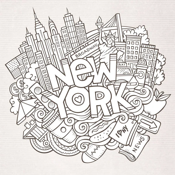 Cartoon Bonito Doodles Mão Desenhada Nova York Inscrição Desenho Ilustração — Vetor de Stock