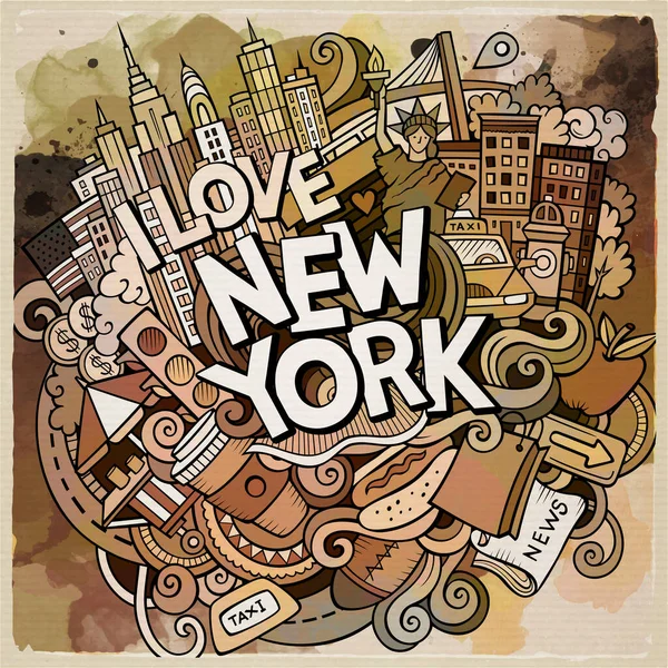 Картун Милий Каракулі Намалював Нью Йоркський Напис Ватерколірна Ілюстрація Американськими — стоковий вектор