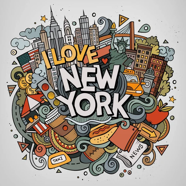 Cartoon Cute Doodles Hand Drawn New York Inscription Colorful Illustration — Stock Vector
