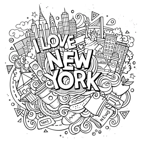 Desenhos Animados Bonito Doodles Mão Desenhada Amo Nova York Inscrição — Vetor de Stock