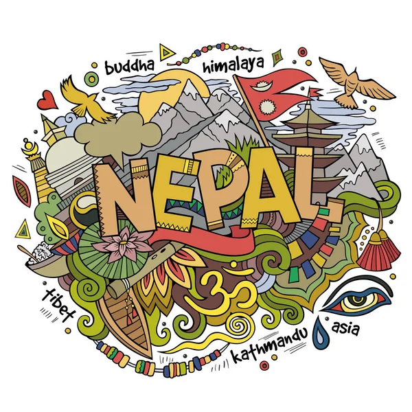 Népal Pays Lettrage Main Gribouillis Éléments Symboles Fond Illustration Vectorielle — Image vectorielle