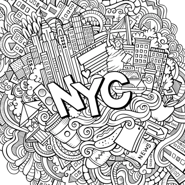 Desenhos Animados Bonito Doodles Mão Desenhada New York Contorno Ilustração — Vetor de Stock