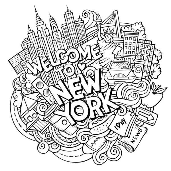 Cartoon Carino Scarabocchi Disegnati Mano Benvenuti All Iscrizione New York — Vettoriale Stock