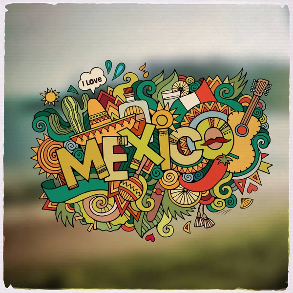 メキシコの手の文字や落書きの要素やシンボルのエンブレム ベクトルぼやけた背景 — ストックベクタ