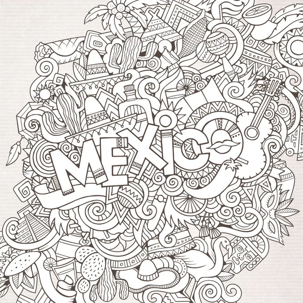 メキシコの国の手の文字や落書きの要素や記号の背景 ベクトル手描きスケッチイラスト — ストックベクタ