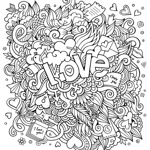 Amore Lettering Mano Scarabocchi Elementi Schizzo Sfondo Illustrazione Vettoriale — Vettoriale Stock