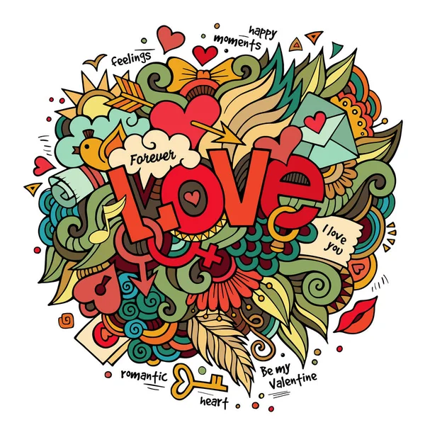 Wektor Kreskówek Ręcznie Rysowane Doodle Love Ilustracji Kolorowe Tło Projektu — Wektor stockowy