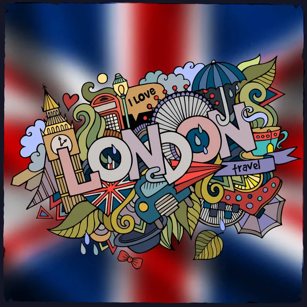 London City Hand Lettering Doodles Elements Symbols Emblem Vector Blurred — Stock Vector