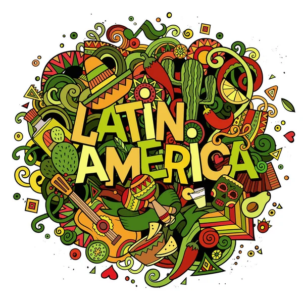 América Latina Fondo Festivo Colorido Dibujos Animados Vector Dibujado Mano — Vector de stock