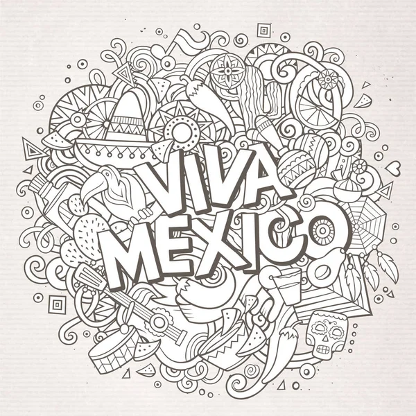 Vivaメキシコスケッチアウトラインお祝いの背景 漫画ベクトル手の落書きイラストを描いた オブジェクトや記号とラインアートの詳細設計 すべてのオブジェクトは分離されます — ストックベクタ
