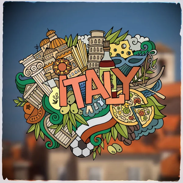 Italie Pays Lettrage Main Gribouillis Éléments Symboles Fond Fond Flou — Image vectorielle