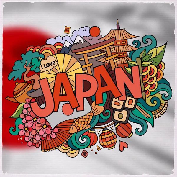 Japão País Mão Lettering Doodles Elementos Símbolos Emblema Vetor Desfocado —  Vetores de Stock