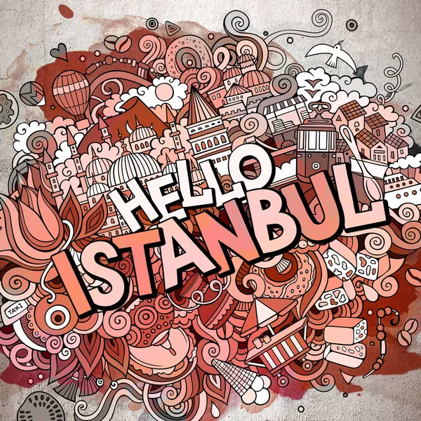 Cartoon Schattige Doodles Met Hand Getekend Hallo Istanbul Inscriptie Aquarelillustratie — Stockvector