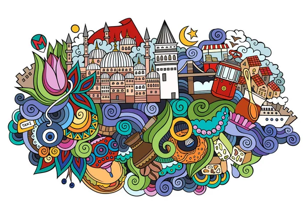 Istanbul Città Doodles Elementi Simboli Sfondo Illustrazione Disegnata Mano Vettoriale — Vettoriale Stock