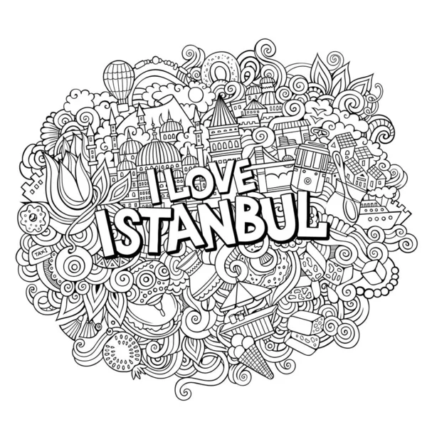 Cartoon Cute Doodles Hand Drawn Love Istanbul Inscription Outline Illustration — Stock Vector