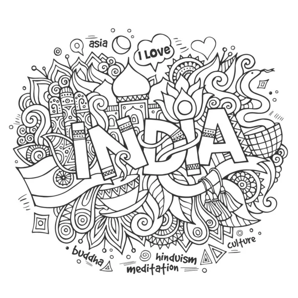 India Letras Mano Garabatos Elementos Fondo Ilustración Vectorial — Vector de stock