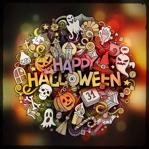 Halloween Hand Lettering Doodles Elements Symbols Emblem Vector Blurred Background — Stock Vector