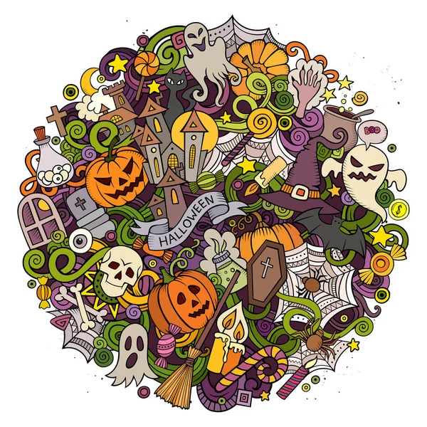 Cartoon Vektor Handgezeichnet Doodle Halloween Kreis Illustration Bunte Runde Detaillierte — Stockvektor