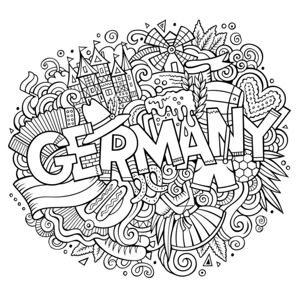 Cartone Animato Carino Scarabocchi Disegnato Mano Iscrizione Germania Illustrazione Linee — Vettoriale Stock