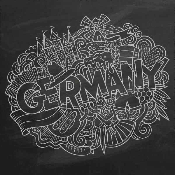 ドイツの碑文を描いた漫画のかわいいドアの手 ドイツのテーマアイテムと黒板のイラスト ラインアートの詳細は オブジェクトの背景がたくさんある 面白いベクターアートワーク — ストックベクタ