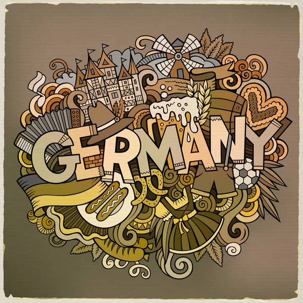 ドイツの碑文を描いた漫画のかわいいドアの手 ドイツをテーマにしたカラフルなイラスト ラインアートの詳細は オブジェクトの背景がたくさんある 面白いベクターアートワーク — ストックベクタ