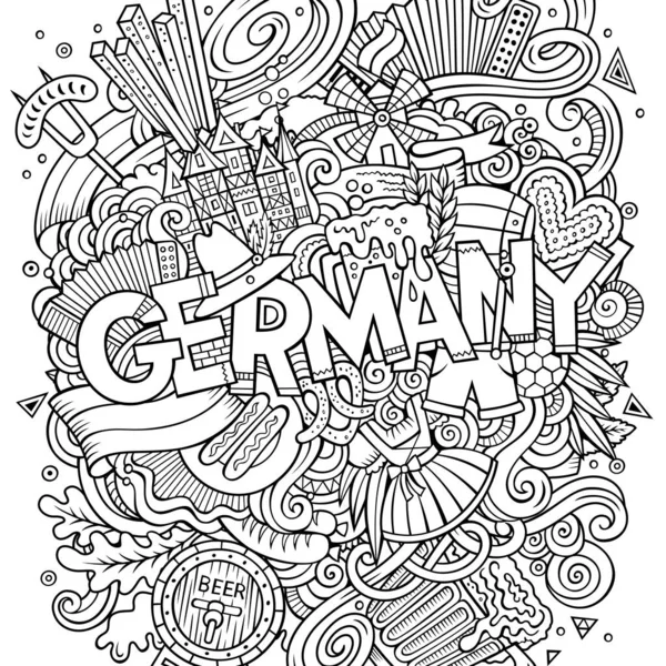 Cartoon Schattige Doodles Hand Getekend Duitsland Inscriptie Contour Illustratie Met — Stockvector