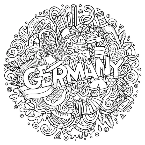 Cartoon Schattige Doodles Hand Getekend Duitsland Inscriptie Contour Illustratie Met — Stockvector