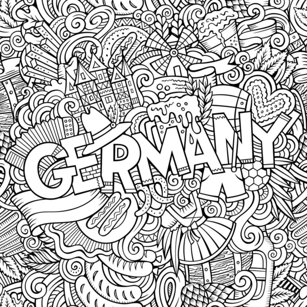 ドイツの碑文を描いた漫画のかわいいドアの手 ドイツのテーマアイテムとの輪郭イラスト ラインアートの詳細は オブジェクトの背景がたくさんある 面白いベクターアートワーク — ストックベクタ