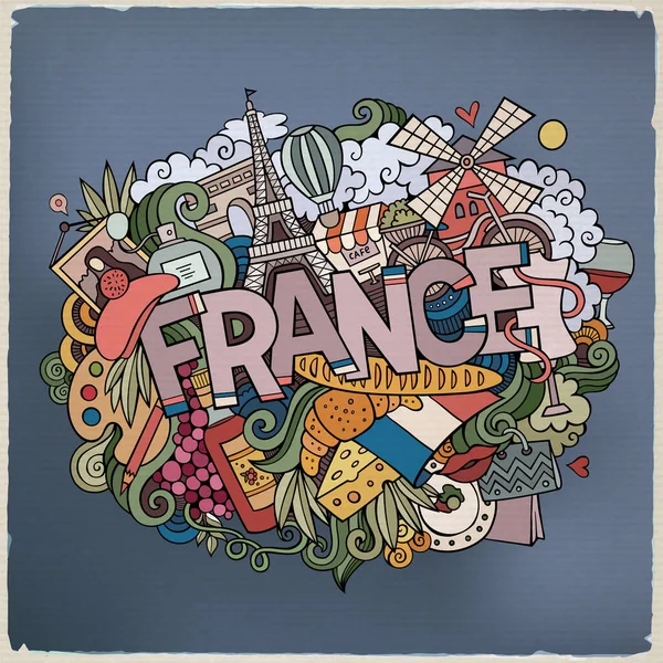 Fransa Nın Kırsal Kesimi Arka Planda Elementler Semboller Çiziyor Karalıyor — Stok Vektör