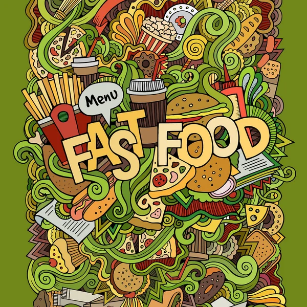 Fast Food Lettering Mano Scarabocchi Elementi Sfondo Illustrazione Vettoriale — Vettoriale Stock