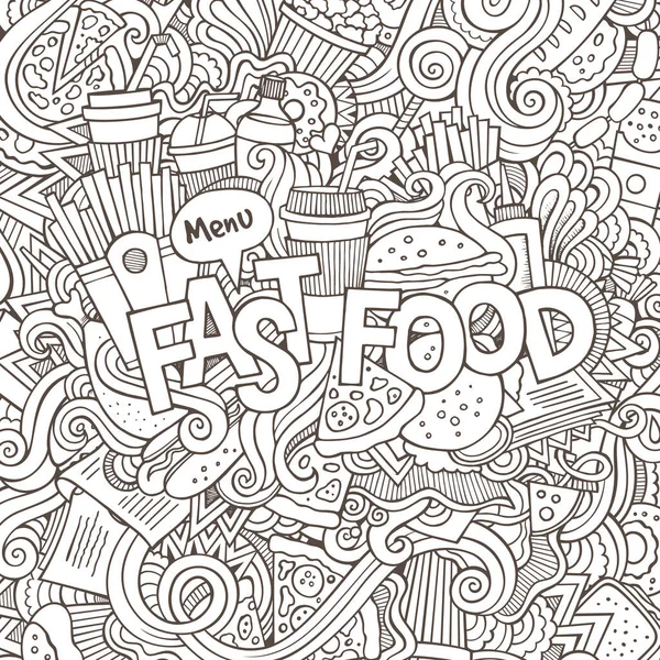 Fast Food Lettering Mano Scarabocchi Elementi Sfondo Illustrazione Vettoriale — Vettoriale Stock