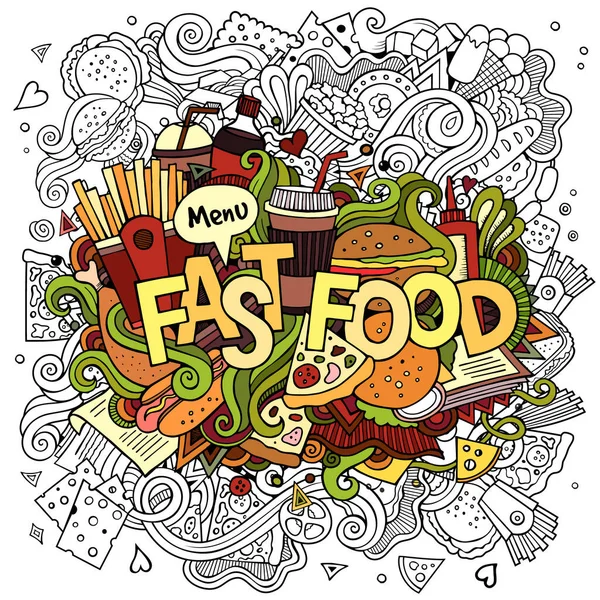 Fast Food Lettering Mano Scarabocchi Elementi Sfondo Illustrazione Vettoriale — Vettoriale Stock