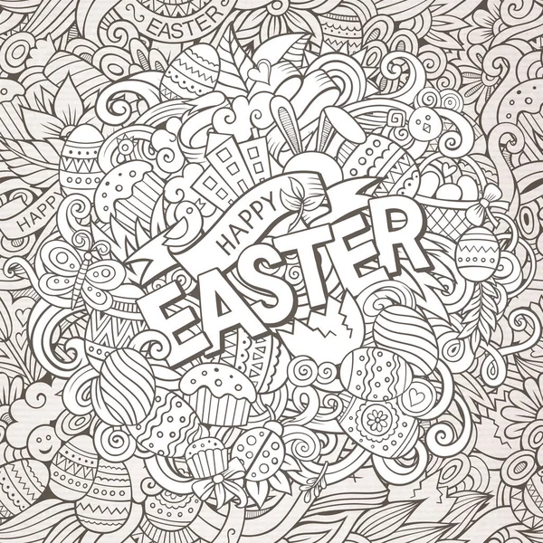 Cartoon Hand Drawn Doodles Happy Easter Background Line Art Detailed — Stock Vector