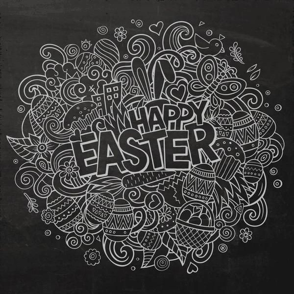 Cartoon Vector Hand Drawn Doodle Happy Easter Illustration Chalkboard Detailed — Stock Vector
