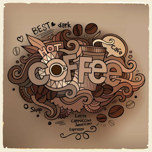 Café Mano Letras Garabatos Elementos Fondo Ilustración Vectorial — Vector de stock