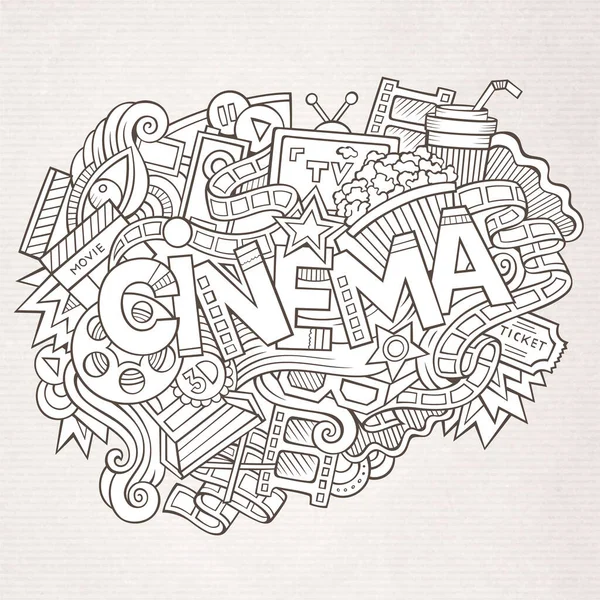 Desenhos Animados Doodles Bonito Mão Desenhada Inscrição Cinema Ilustração Esboçada — Vetor de Stock