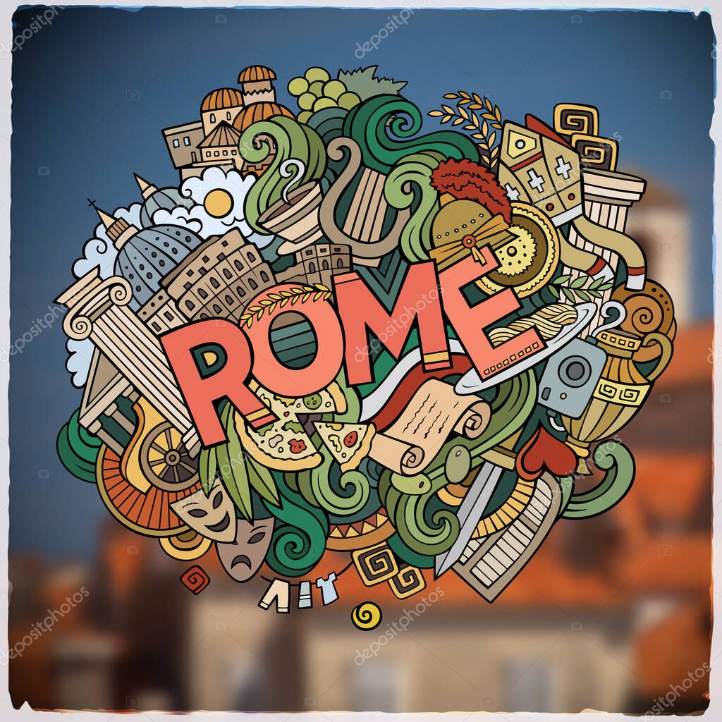 Rome hand lettering and doodles elements and symbols emblem. Vector blurred background