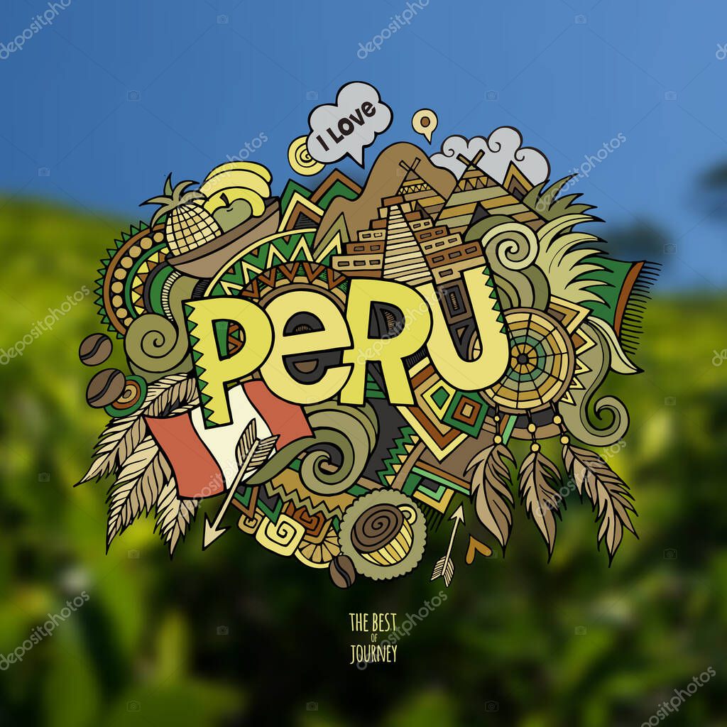 Peru hand lettering and doodles elements background. Vector illustration