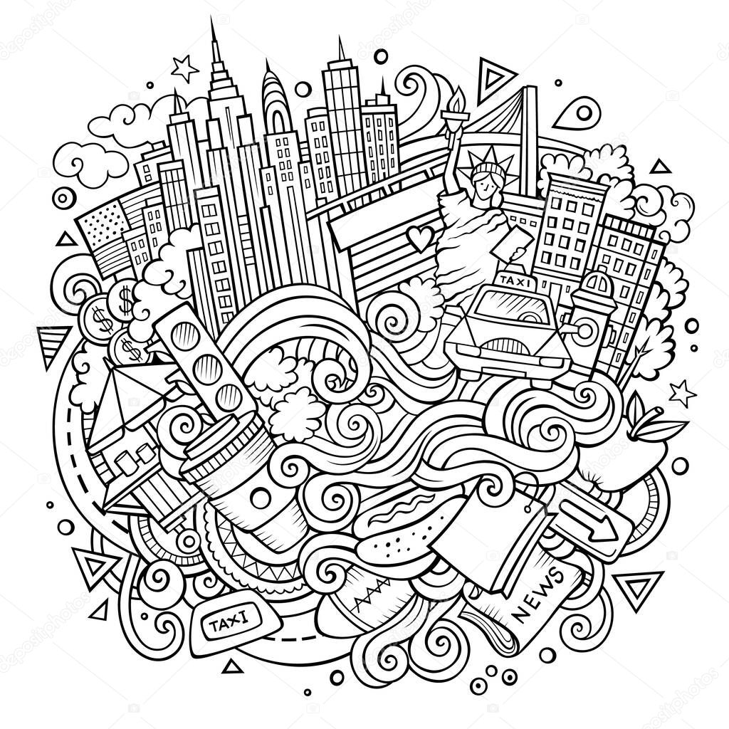 Cartoon cute doodles hand drawn New York contour illustration. Line art detailed, with lots of objects background. Funny vector artwork